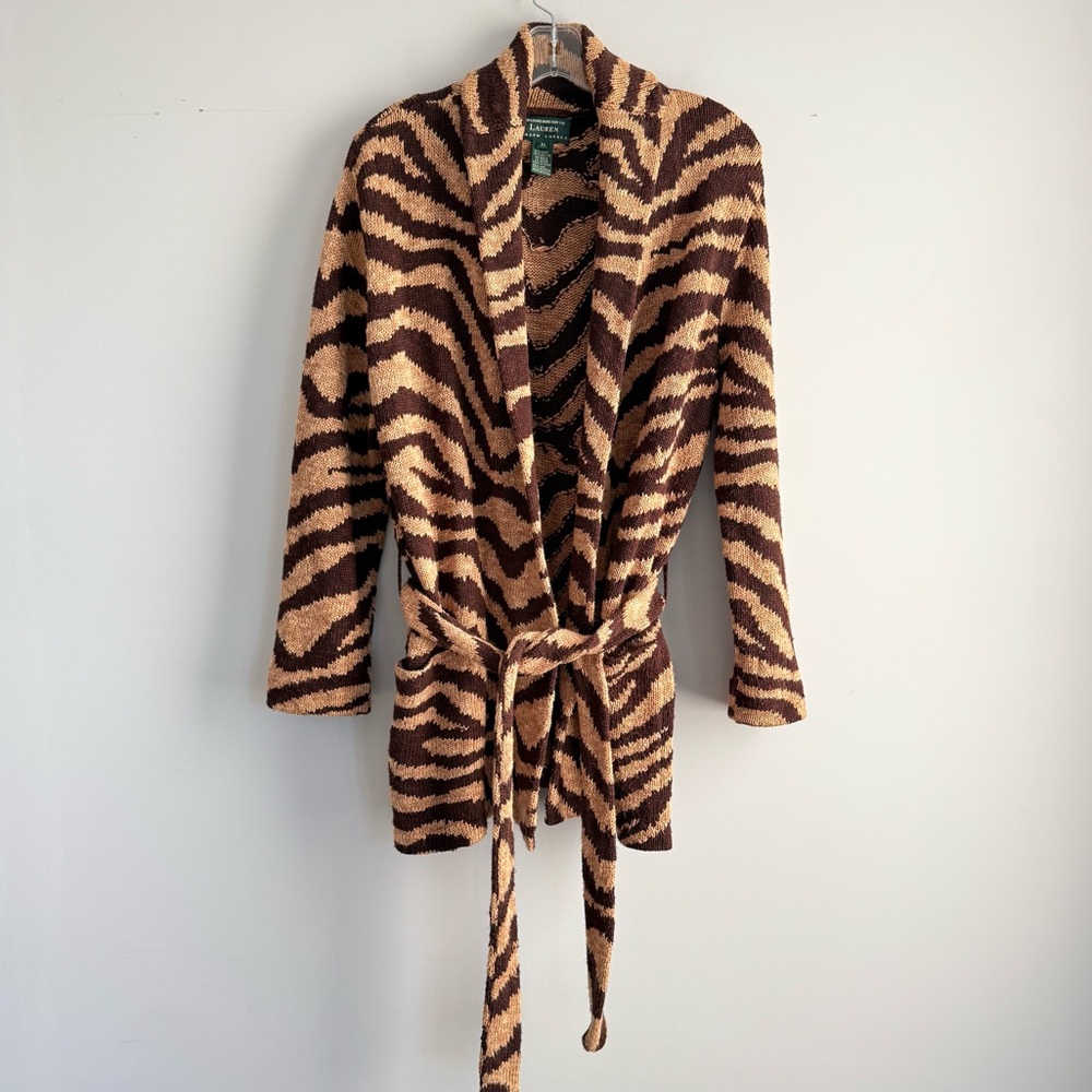 Lauren Ralph Lauren Zebra Print Linen Cotton Belt Cardigan Hand Knit Coatigan M - Picture 7 of 16